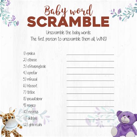 baby shower games printable sheets