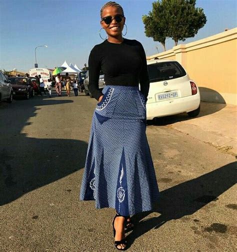 Tswana Lady In Beautiful A Line Shweshwe Skirt With Pockets And Black