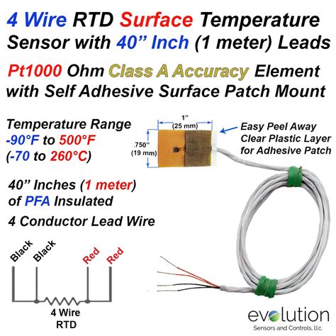 pt  wire rtd surface temperature sensor   meter long leads evolution sensors