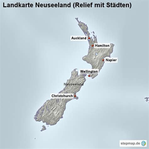stepmap landkarte neuseeland relief mit staedten landkarte fuer