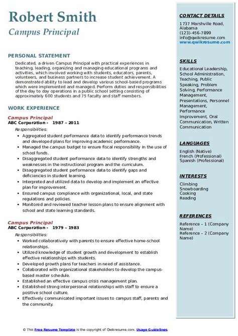 principal resume samples qwikresume