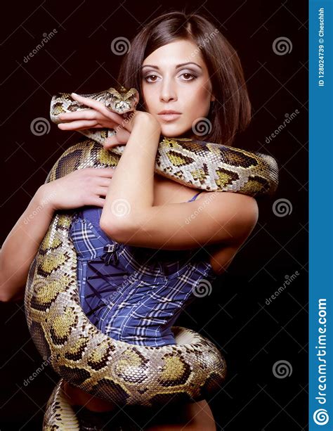 Brunette Holding Python Stock Image Image Of Gorgeous 128024739