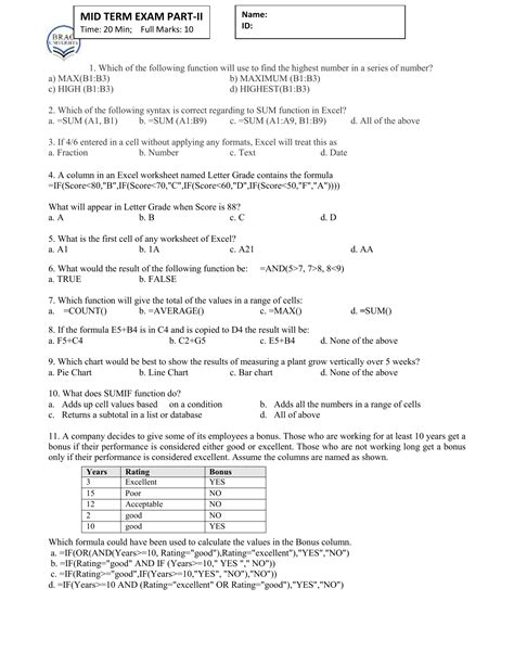 computer microsoft excel ms excel mcq questions  answer quiz www