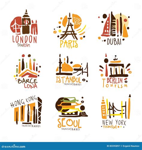touristic travel agency set  colorful promo sign design templates