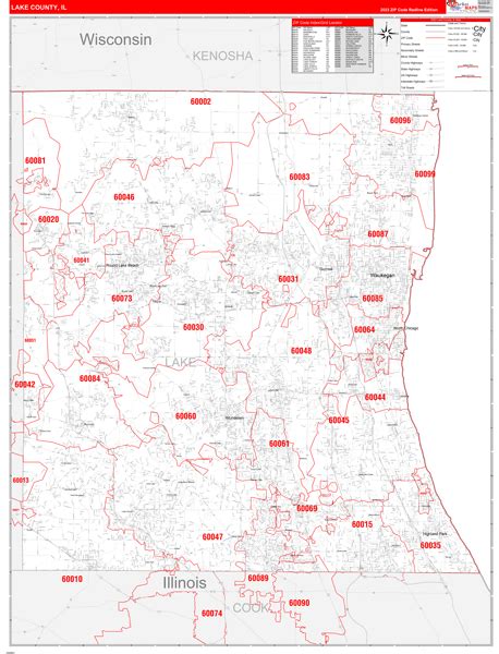 Lake County Il Zip Code Wall Map Red Line Style By Marketmaps Free