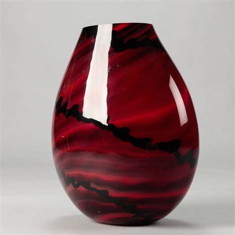 Tall Mid Century Red And Black Murano Cased Glass Vase At
