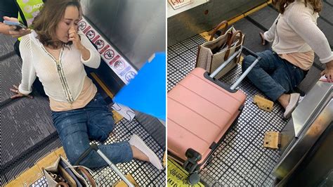 horror moment womans leg  mangled  airport travelator