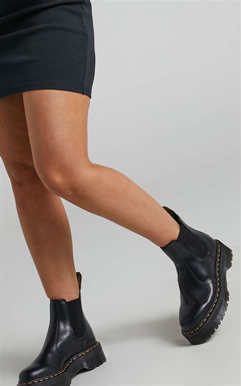 dr martens  quad chelsea boots  black polished smooth showpo