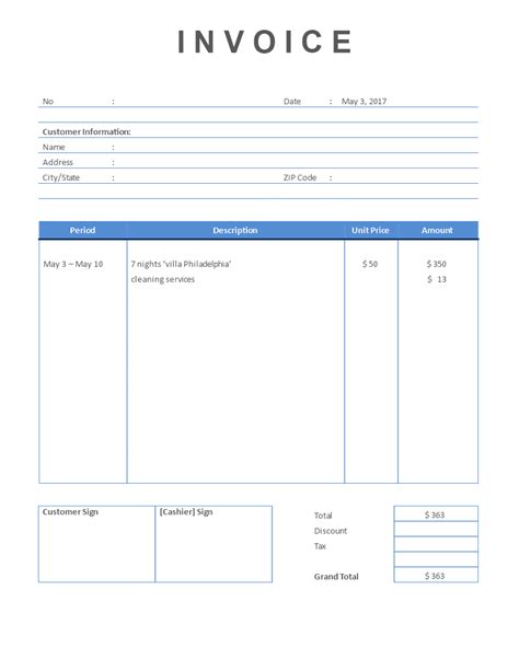 monthly rent invoice template