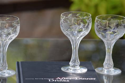 4 Vintage Etched Crystal Hollow Stem Wine Glasses After Dinner Drinks