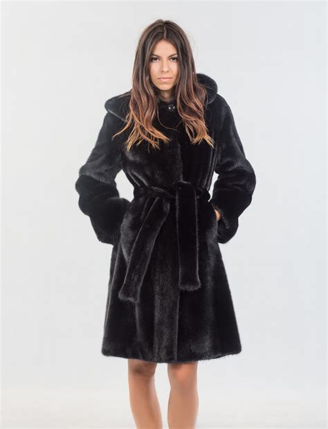 black mink fur jacket  hood  real fur coats  accessories