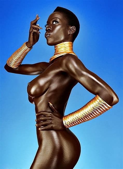 Sexy Nude Dark Skin Black Ebony African Babe Gold Bangles 2 Pics