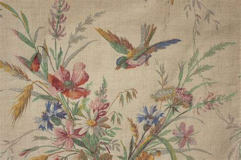 antique french bird fabric   colorful hand block printed material
