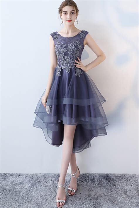 Stylish Navy Blue Tulle High Low Halter Sleeves Homecoming