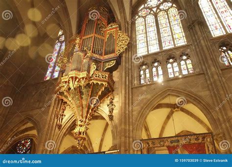 pipe organ  gothic columns   cathedral stock image image