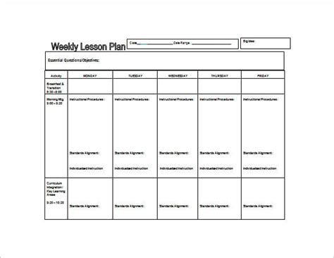 weekly lesson plan template  doctemplates