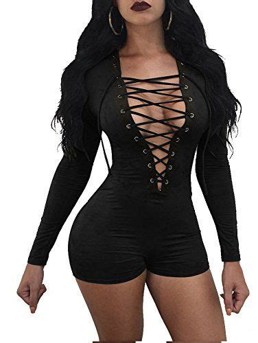 Tob Women S Sexy V Neck Lace Up Long Sleeve Club Romper S Sexy