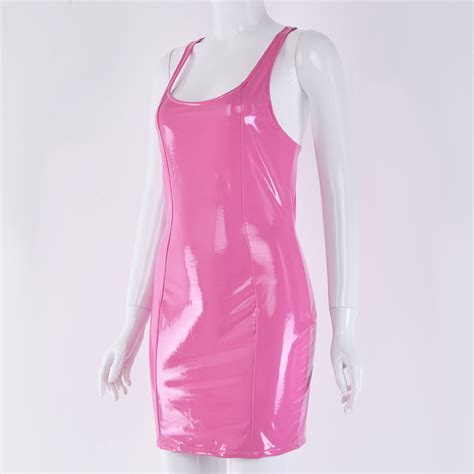 Sleeveless Bodycon Pu Leather Short Mini Dress Wetlook Night Clubwear