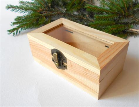 small wooden display box rectangular box  glass cap box  bronze colored hindges pine
