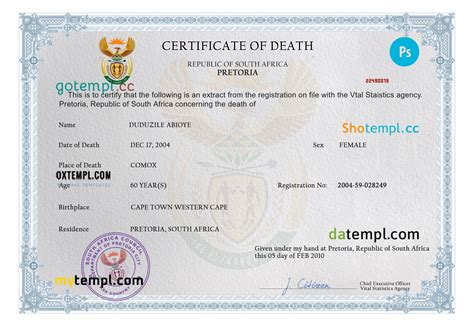 south africa death certificate psd template completely editable