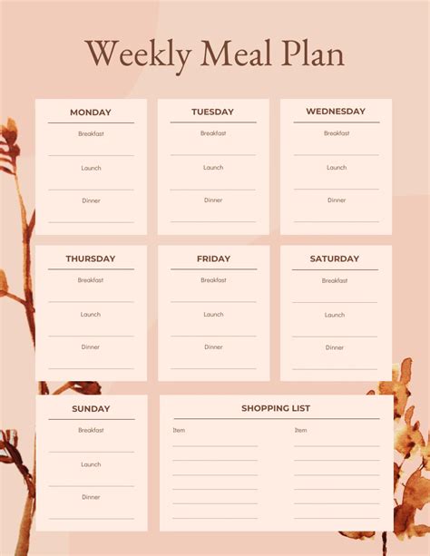 peach weekly meal plan schedule template venngage