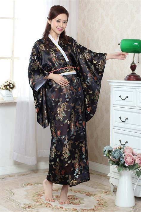 free shipping black vintage japanese women s silk satin kimono yukata