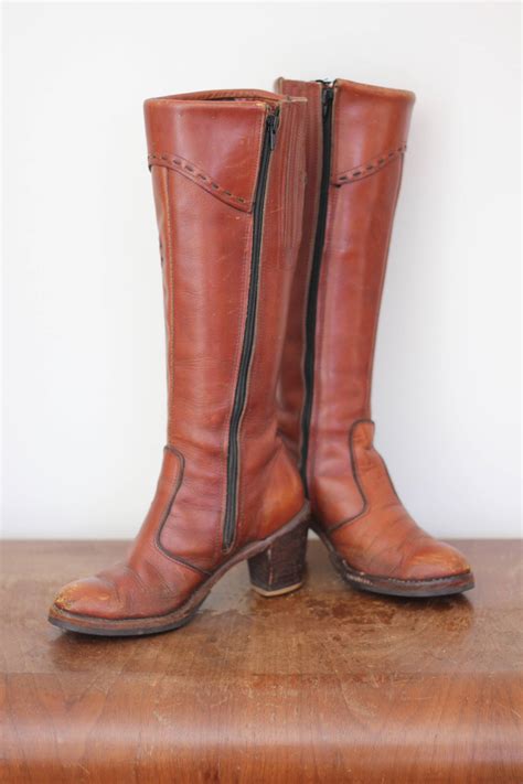 womens brown leather knee high fashion boots  heels vintage zip