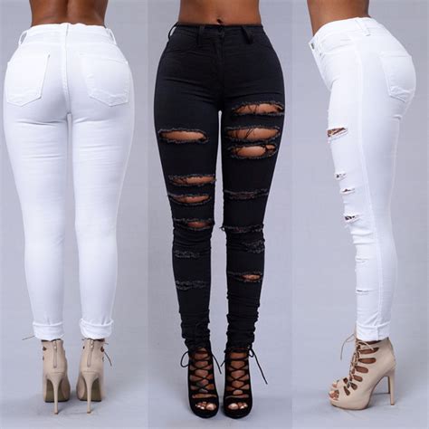 ladies ripped knee sexy skinny jeans womens high waisted jegging pants