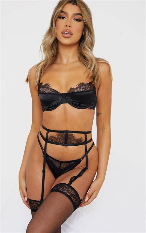black lace suspender detail 3 piece lingerie set prettylittlething ca