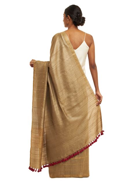 handwoven natural dyed kosa silk saree  khakhi  gold  silver