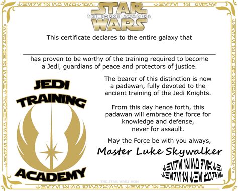star wars jedi knight training academy certificate