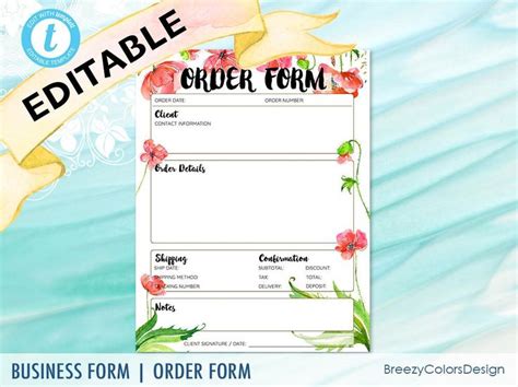 downloadable order form template editable sales worksheet etsy