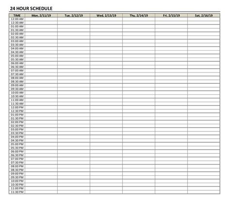 hourly schedule template   minute intervals  spreadsheet page