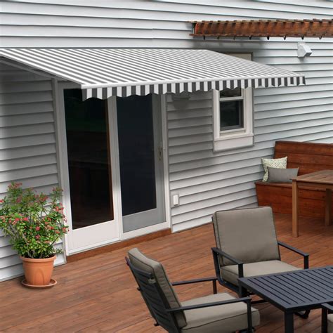 aleko  motorized retractable patio awning gray  white striped color walmartcom