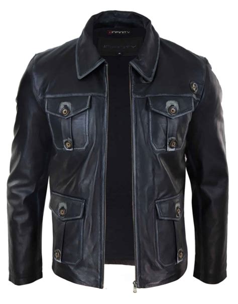 mens black leather jacket  racing stripes black color happy