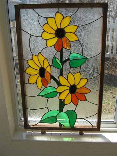 vintage framed sunflower stained glass panel