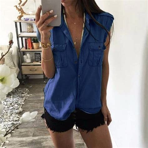 blouse blue jean denim fashion women lady tops casual sleeveless blue shirts pocket  tops