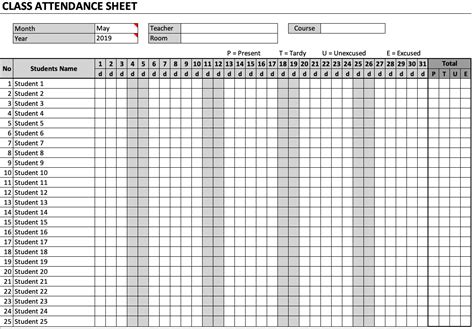 class attendance sheet exceltemplatenet