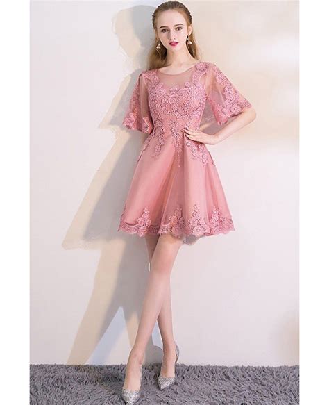 Pink Puffy Sleeves Lace Short Homecoming Dress Mxl86023