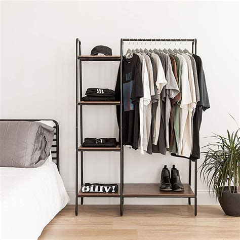 metal garment rack home storage rack hanging clothing bar  multi wooden shelves