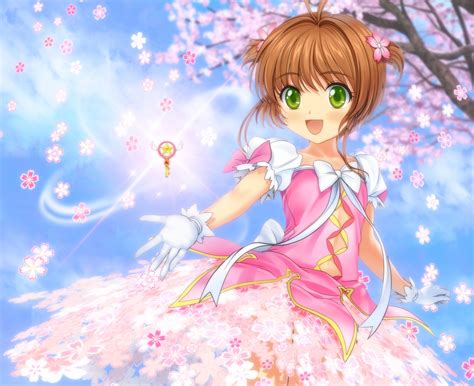 bow brown hair card captor sakura cherry blossoms dress