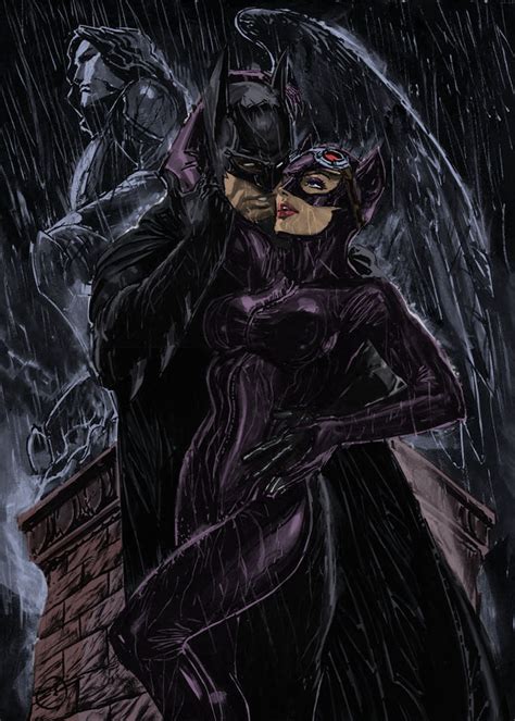Batman And Catwoman Sharing A Romantic Moment In The Rain