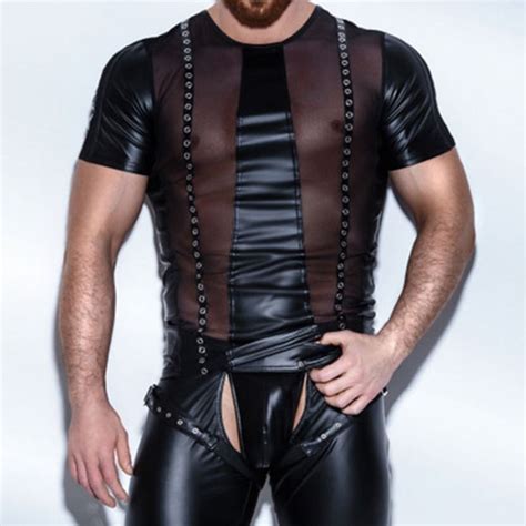 sexy gothic men s sheer mesh faux leather short sleeve t
