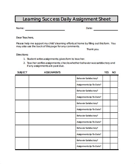 sample assignment sheet templates   ms word