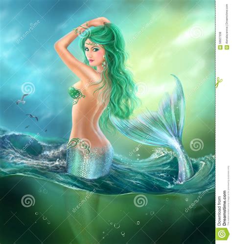 beautiful woman mermaid fantasy at ocean on waves stock
