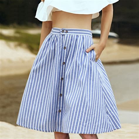 striped a line blue single breasted skirt women 2018 spring summer