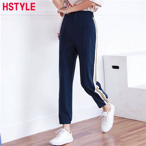 hstyle 2018 spring relaxed fit pants women green striped haren pants
