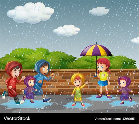 children running   rain royalty  vector image