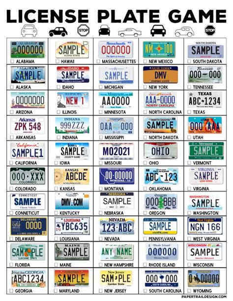 road trip license plate game printable paper trail design printable