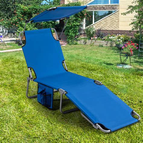 gymax foldable lounge chair adjustable outdoor beach patio pool recliner blue  sun shade